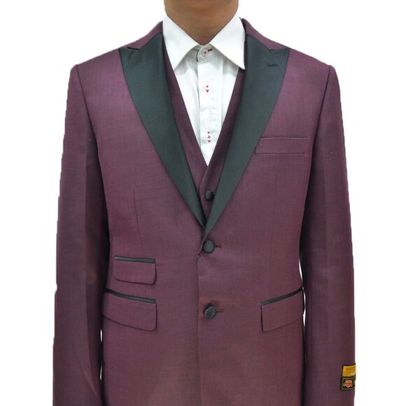 Mens 2 Button Peak Lapel Vested Prom Tuxedo in Burgundy - Picture 1 of 2